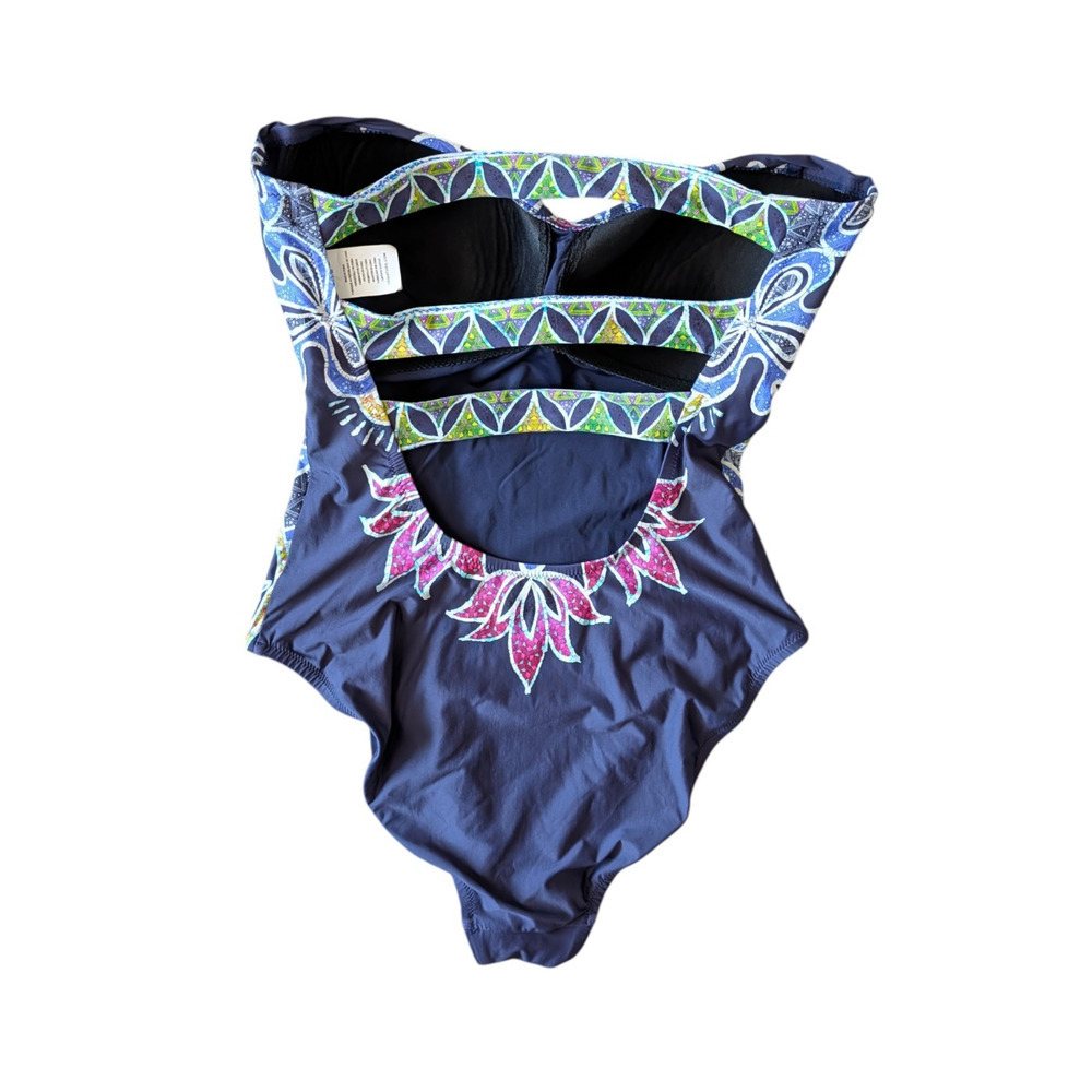 Trina Turk Navy Blue Lotus Batik Bandeau One Piece Swimsuit Size 14 Open Back - Picture 3 of 7